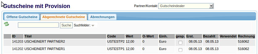 abgerechnete Gutscheine mit Provision