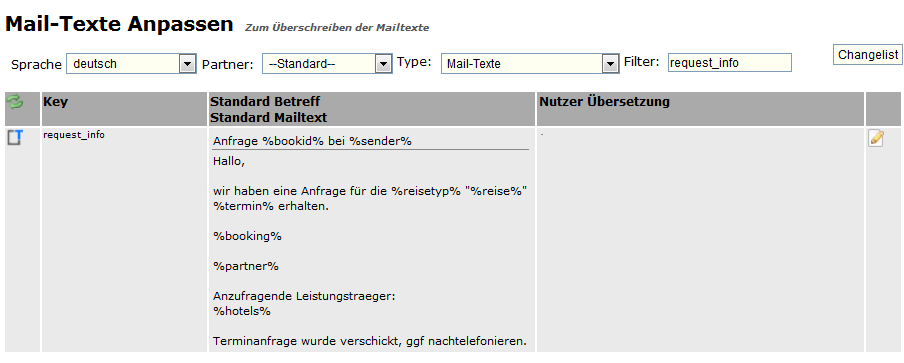 Anfragemail Texte ändern