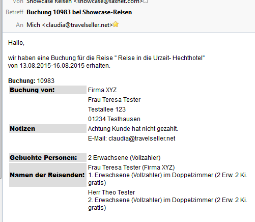Buchungmail an den TS Betreiber