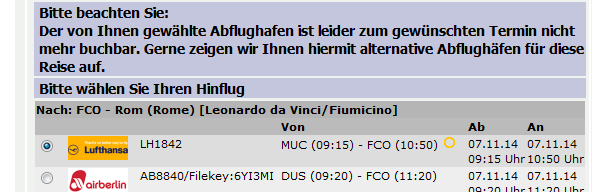 Hinweis: kein Flug von diesem Flughafen